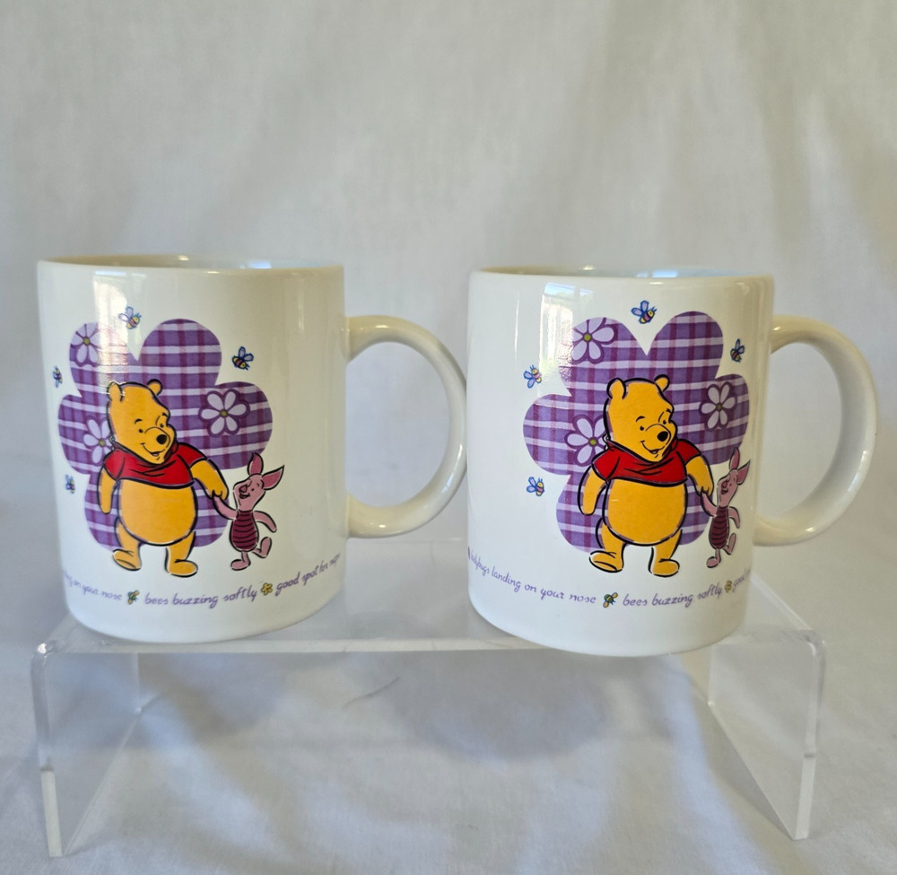 2 Disney Winnie the Pooh & Piglet Ceramic Mugs Purple Clover 12oz Bees Buzzing